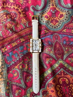 Dedia watch-White enamel and Leather Strap. Chronograph Lily MR Rectangular.